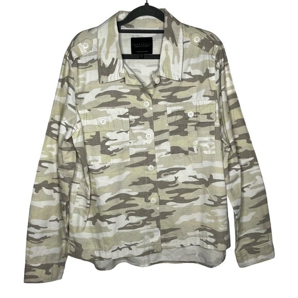 Sanctuary Camouflage Neutral Shacket Shirt Cream Green 100% Cotton Medium‎ - Picture 1 of 9